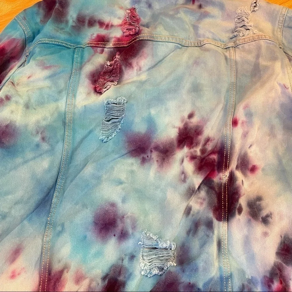 Tie dyed jean jacket distressed blue purple galaxy underwater size L - Picture 8 of 12